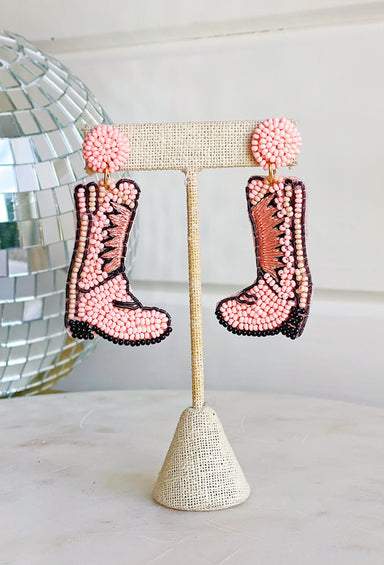 Beaded Cowgirl Boot Earrings, pink cowgirl boot, pink and black beads with pink stitching