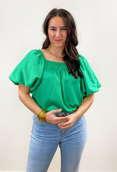 Been On My Mind Blouse in Green, green satin blouse, square neck, puff sleeves