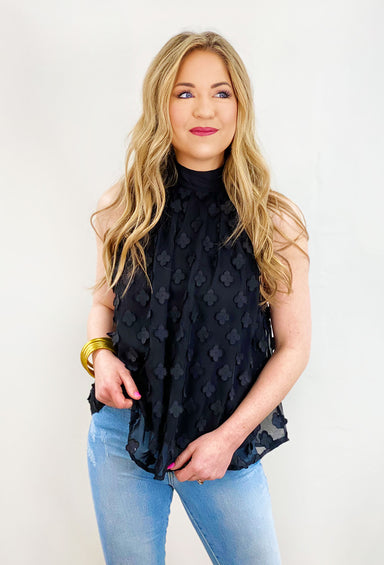 Beyond Romance Floral Top, black tie with high halter neckline, floral attached to shirt