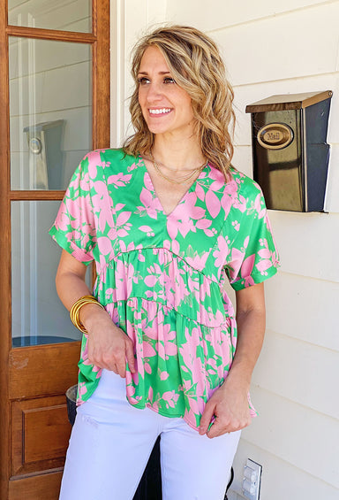 Blissful Day Floral Top, pink and green satin top, babydoll style with tiered body