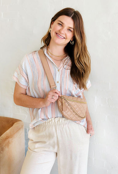 Breezy Shores Linen Top, pastel striped button up top with front pocket