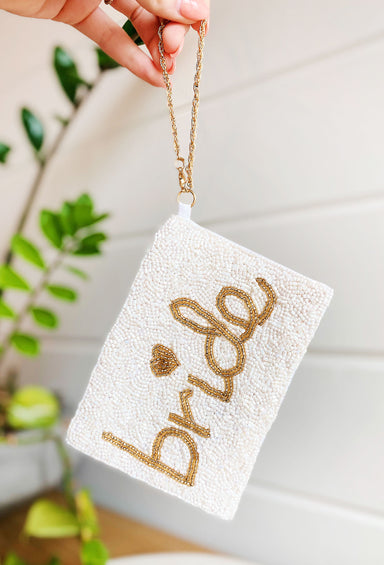 Bride Beaded Pouch, white beaded pouch with bride in gold beads on front 