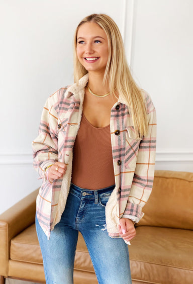 Cabin Cozy Shacket, pink plaid shacket with fur on the inside