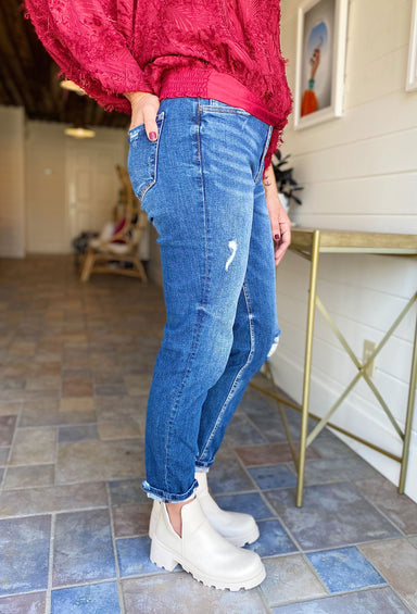 Cassie Distressed Boyfriend Jeans by Vervet, boyfriend style, distressing at the knee