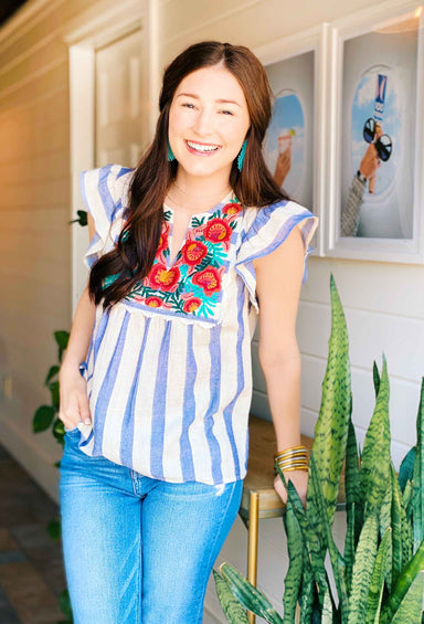 Chambray Striped Embroidered Top, blue striped flutter sleeve embroidered blouse 