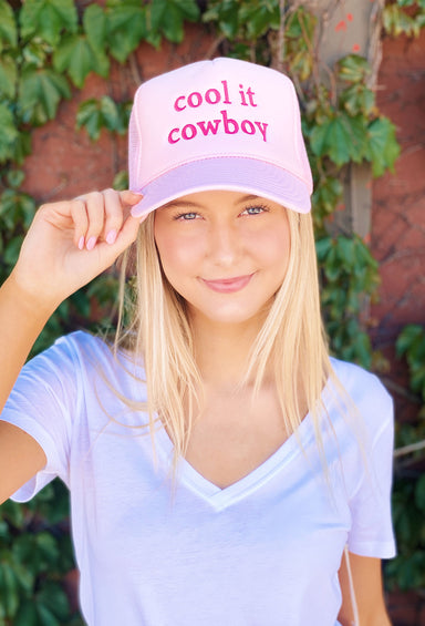 Charlie Southern: Cool It Cowboy Trucker Hat, pink hat with pink mesh and "cool it cowboy" in red embroidery across front of hat