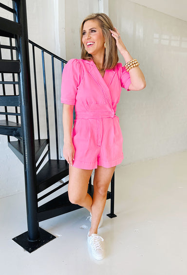 City Chic Denim Romper in Hot Pink, denim romper, hot pink with hot pink trim, small puff sleeve