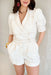 City Chic Denim Romper in White, white romper with tan trim, small puff sleeve front pockets
