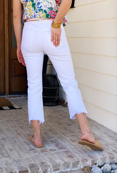 Claire Crop Straight White Denim, white cropped denim with distressing at the knees
