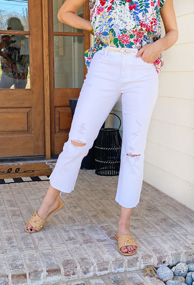 Claire Crop Straight White Denim, white cropped denim with distressing at the knees