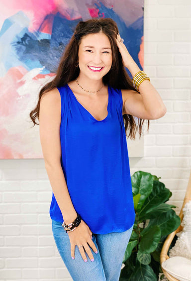 Cool Waves Sleeveless Blouse, silk tank top in blue and pink 