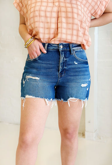 Cortney Stretch Mom Denim Shorts by Vervet, dark denim shorts with distressing 