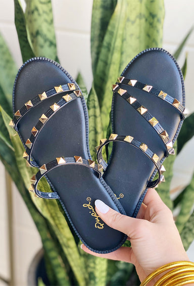 Qupid Dreams Come True Studded Sandals, black strappy sandals with studs across bands