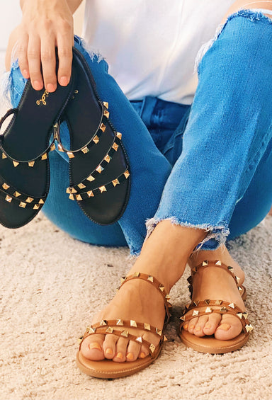 Qupid Dreams Come True Studded Sandals in Camel, tan sandal with gold studs