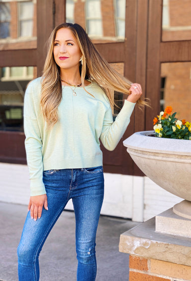 Dreamers Favorite Sweater in Heathered Celery, light pastel green super soft cropped sweater with seam down the front 