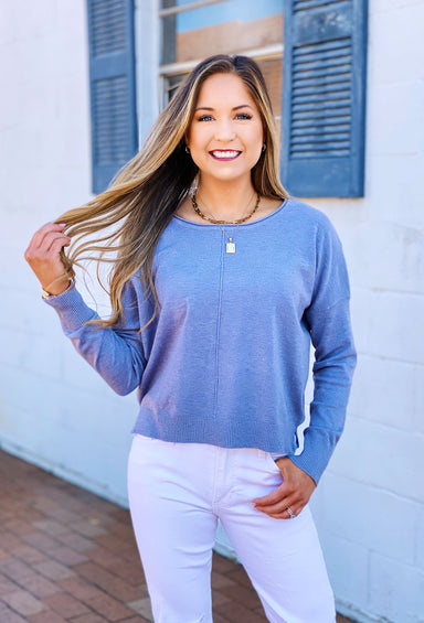 Dreamers Favorite Sweater in Heathered Powder Blue, light steel powder blue super soft sweater with seam down the front 