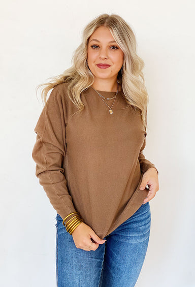 Sara Sweater by Dreamers in Hazelnut, cropped style, scalloped hem 