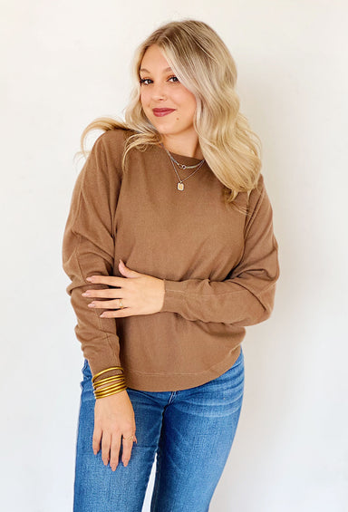 Sara Sweater by Dreamers in Hazelnut, cropped style, scalloped hem 