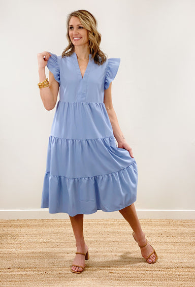 Dreaming of Paris Midi Dress in Blue, blue tiered dress, ruffle on sleeve