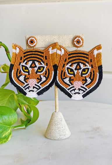 Easy Tiger Beaded Earrings, beaded earrings in the shape of a tiger, felt back, post back