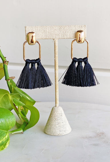 Ellie Fringe Tassel Earrings in Black, post back earrings, rectangle shaped gold with black fringe hanging from bottom