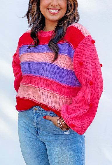 Embrace the Moment Sweater, stripe knitted sweater with pink sleeves, yarn polkadots on sleeves