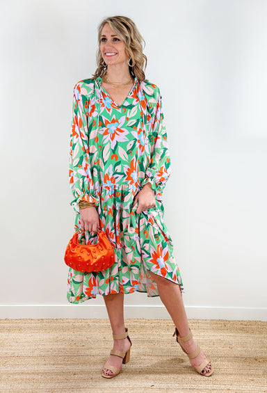 Fancy In Floral Midi Dress, green tiered dress with long sleeve, v-neck and self tie strings