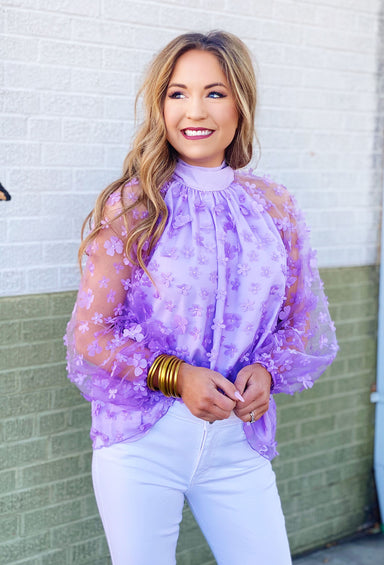 Floral Paradise Blouse, purple blouse with sheer sleeves, covered in flowers , self tie detail on back