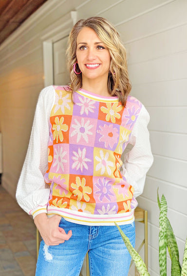 Flower Market Strolls Sweater, color block design with flowers, white sleeves