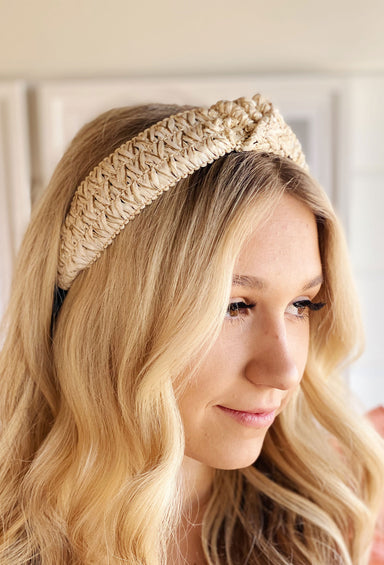 Fun in the Sun Headband in Beige, beige woven headband, faux knot on top