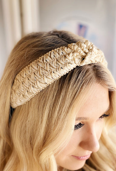 Fun in the Sun Headband in Beige, beige woven headband, faux knot on top