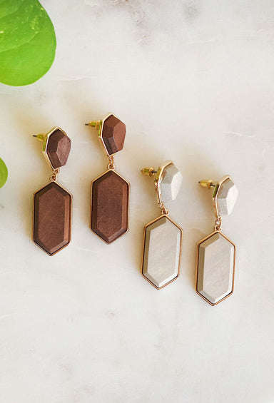 Geometric Wood Drop Earrings, Brown geometric earring with gold backing