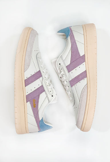 Gola Falcon Sneakers in Lily, white sneakers with purple and blue fabric detail