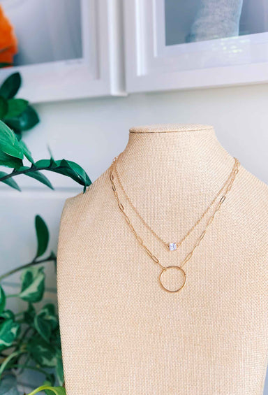 Gold Circle & Crystal Layered Necklace, layered gold necklace with crystal pendant and circle charm 