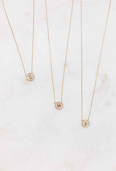 Gold Pave Coin Initial Necklace, circle gold crystal initial necklace 