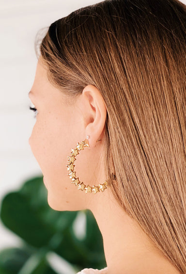 Gold Star Hoop Earrings, gold hoop earrings with layered gold star beads 