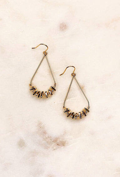 Gold Geometric Drop Earrings, gold tear drop shaped earrings on hook backing 