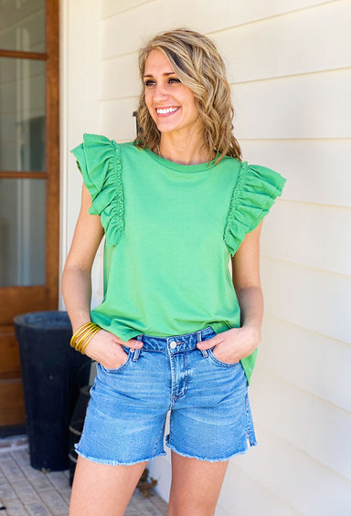 Good Luck Charm Top, green t-shirt material top with ruffle sleeves