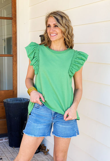 Good Luck Charm Top, green t-shirt material top with ruffle sleeves