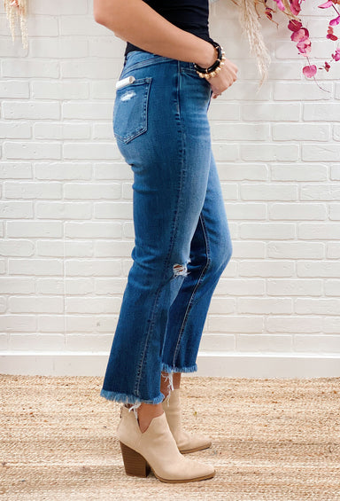 Gracie Boyfriend Jeans by Flying Monkey, medium denim washed jeans, distressing at the hem and knee