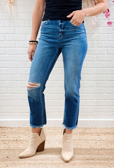Gracie Boyfriend Jeans by Flying Monkey, medium denim washed jeans, distressing at the hem and knee