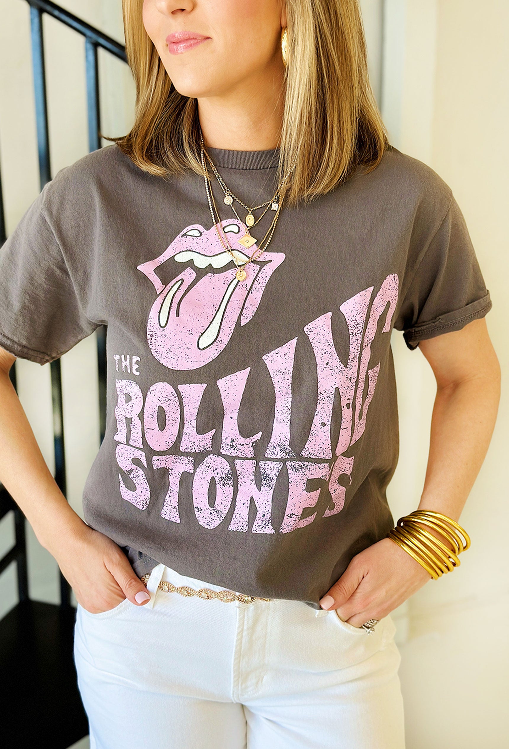 Gray Rolling Stones Graphic Tee, grey graphic t-shirt with "the rolling stones logo" on the front in purple lettering