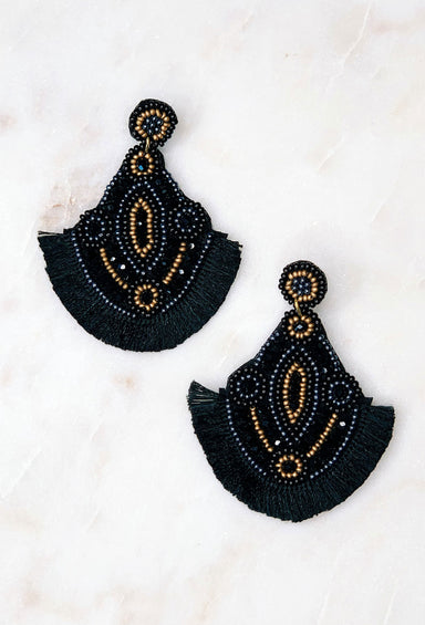 Greta Bead & Fringe Earrings, black and gold beaded fringe statement earrings 