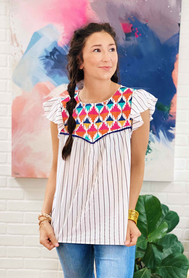 Grey Stripe Embroidered Top, white striped blouse with colorful embroidery 