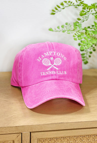Hamptons Tennis Club Baseball Cap in Pink, Pink hat with white Hamptons and tennis rackets embroidered in front