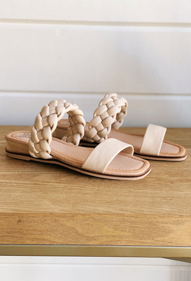Happy Harper Shoes, ivory straps, one braided one across toes and one across top of foot, small heel