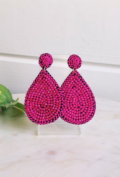 Harper Beaded Earrings in fuchsia , teardrop shape, fuchsia  colored beads, post back, felt back