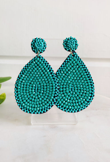 Harper Beaded Earrings in Turquoise, teardrop shape, turquoise beads, post back, felt back