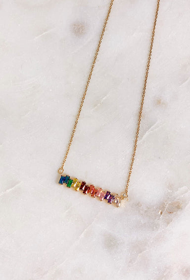 Hazel Rainbow Crystal Bar Necklace, 15 colored rainbow stones alined in a bar necklace on gold chain 