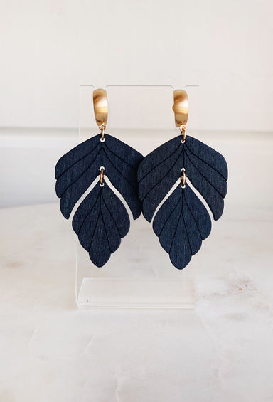 Hazel Wooden Leaf Drop Earrings in Black, wooden drop earrings, teardrop shape